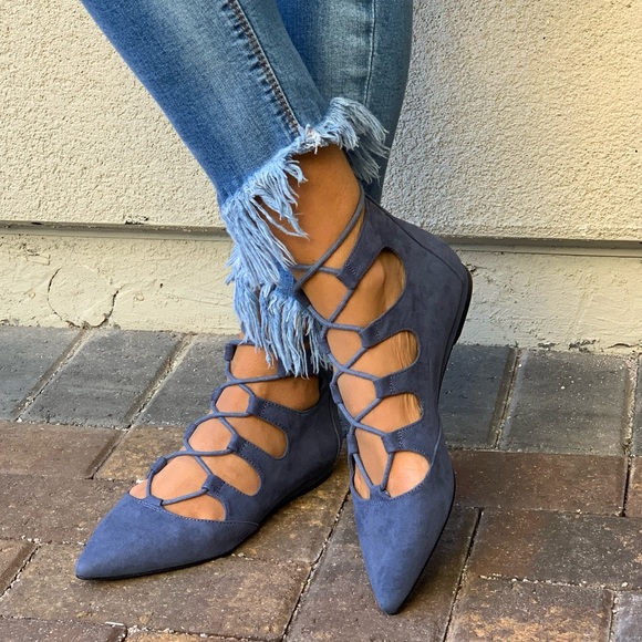 Macy's Shoes - Denim Blue Pointy Toe Lace Up Classic Ballet Flats